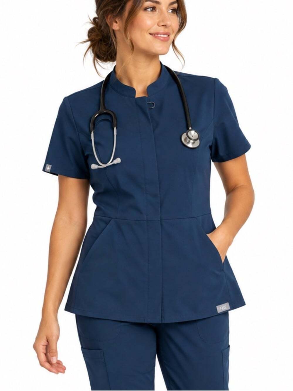 FIGS Technical Collection Blue Scrub Top XXS Mandarin Collar Hidden Button